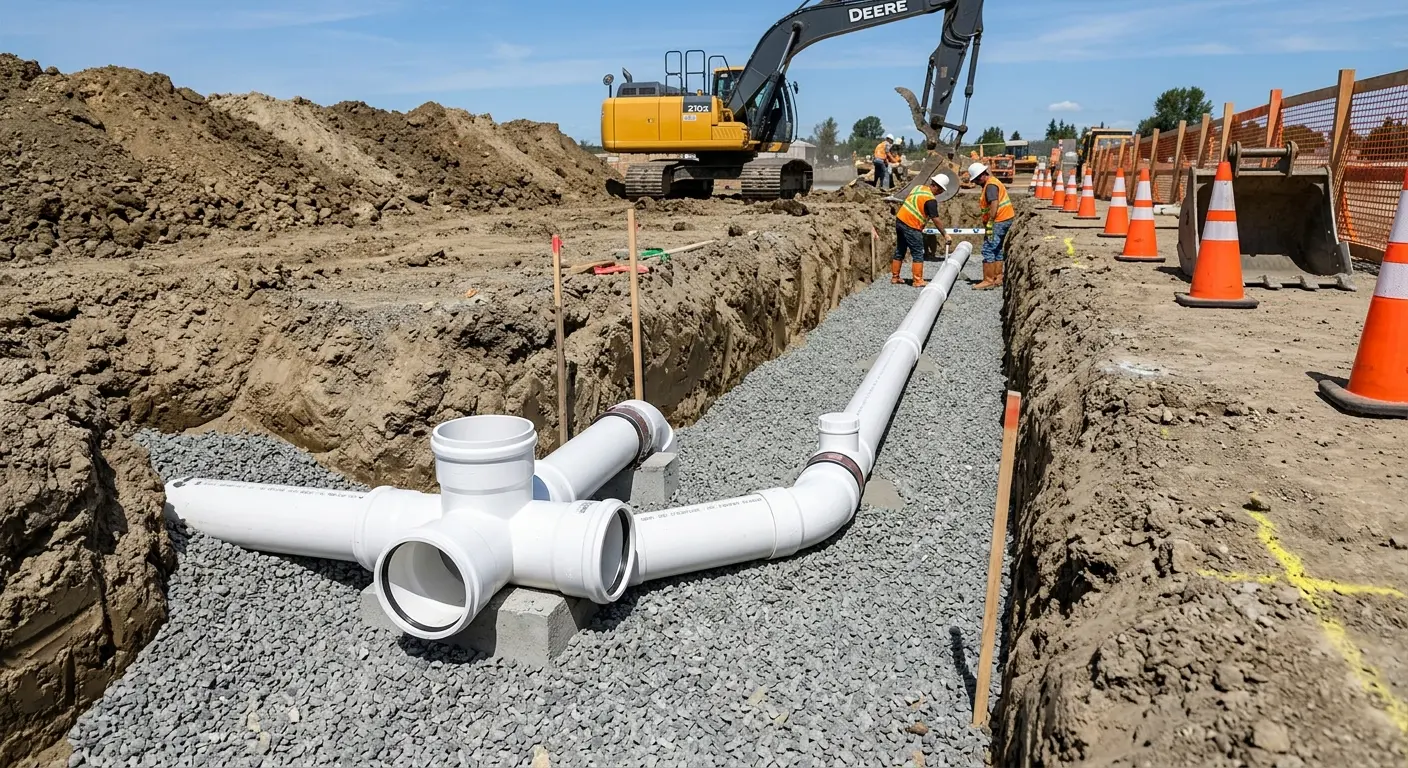 New PVC sewer pipe installation in open trench for Sewer Camera Inspection in Berlin
