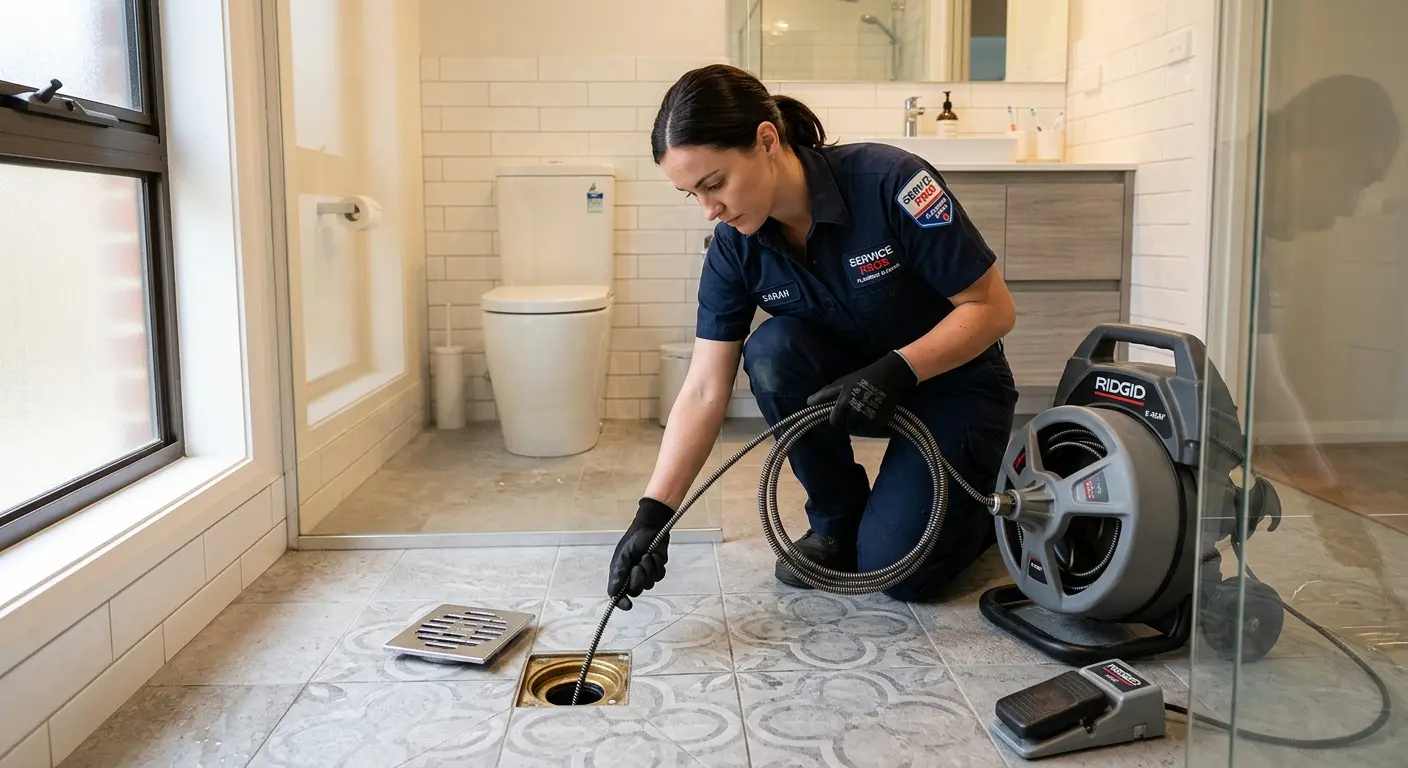 Technician clearing a bathroom floor drain for Clogged Drain Repair in Berlin